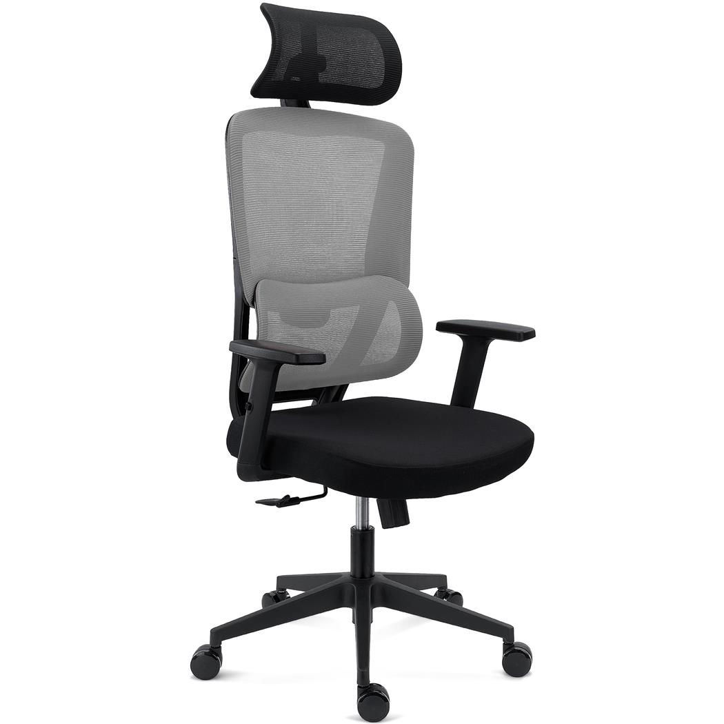 Fotel Biurowy Ergonomiczny SUPRA, Zagłówek, Adaptacyjne Podparcie Lędźwiowe, 8 h Pracy, Tkanina i Siatka, Szary