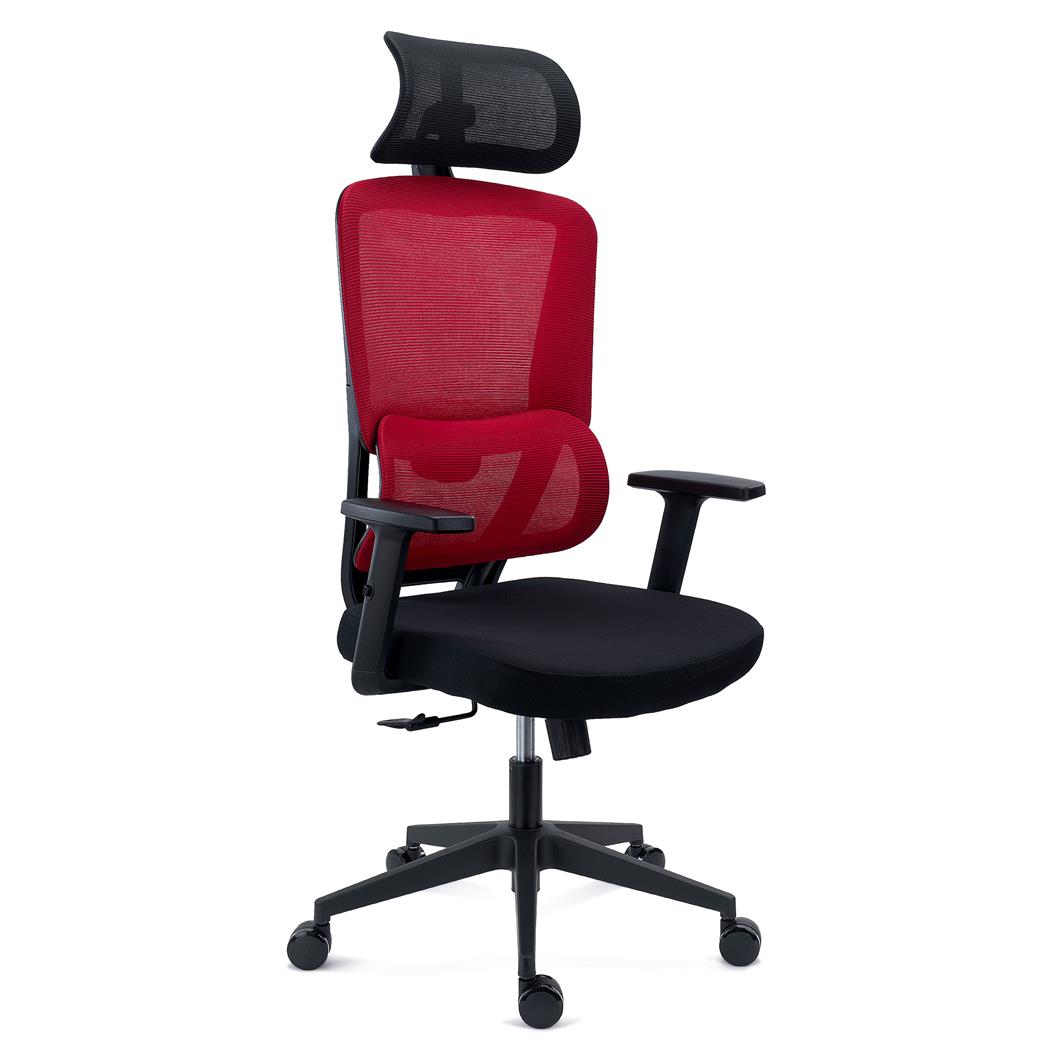 Fotel Biurowy Ergonomiczny SUPRA, Zagłówek, Adaptacyjne Podparcie Lędźwiowe, 8 h Pracy, Tkanina i Siatka, Czerwony