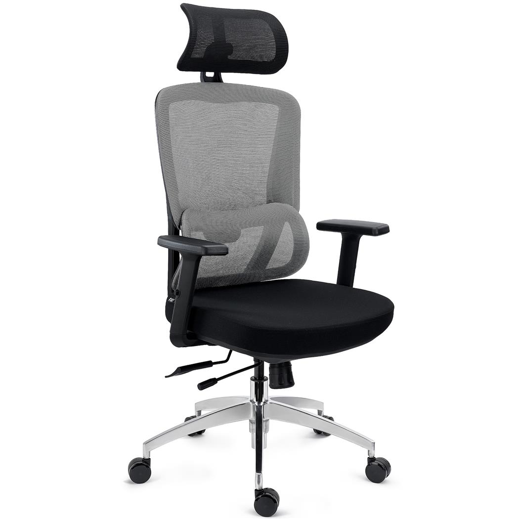 Fotel Biurowy Ergonomiczny SUPRA MAX, Zaawansowane Regulacje, 8 h Pracy, Tkanina i Oddychająca Siatka, Szary