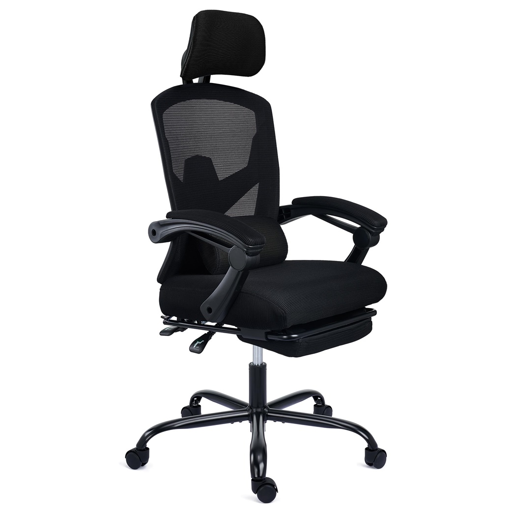 DEMO# Krzesło Biurowe Ergonomiczne DELTA, Wysuwany Podnóżek, Poduszka Lędźwiowa, Odchylane, Czarne