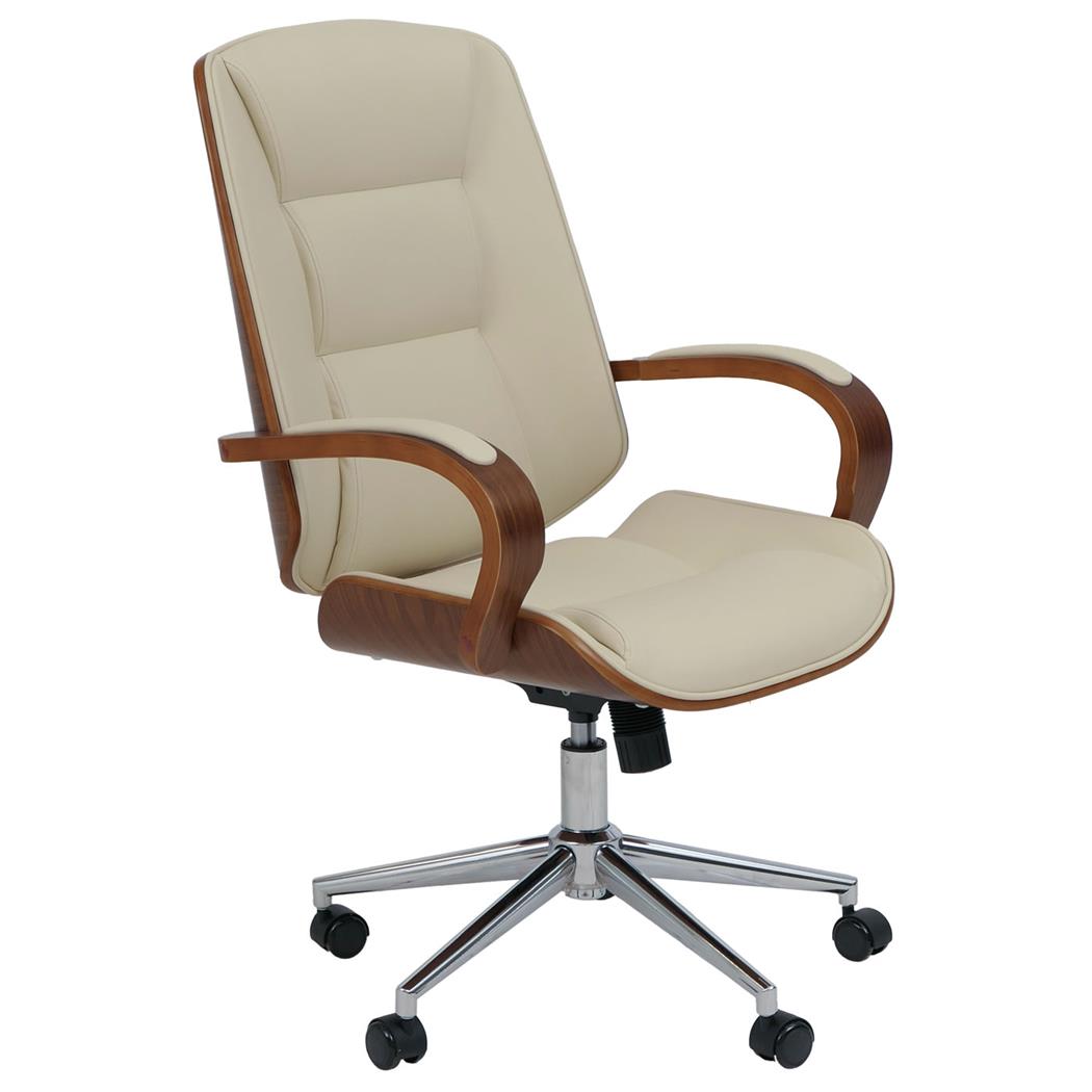 Krzesło Biurowe CLARIN, Obfita Wyściółka, Elegancki Design, Okleina kolor Orzech i Skóra, kolor Kremowy