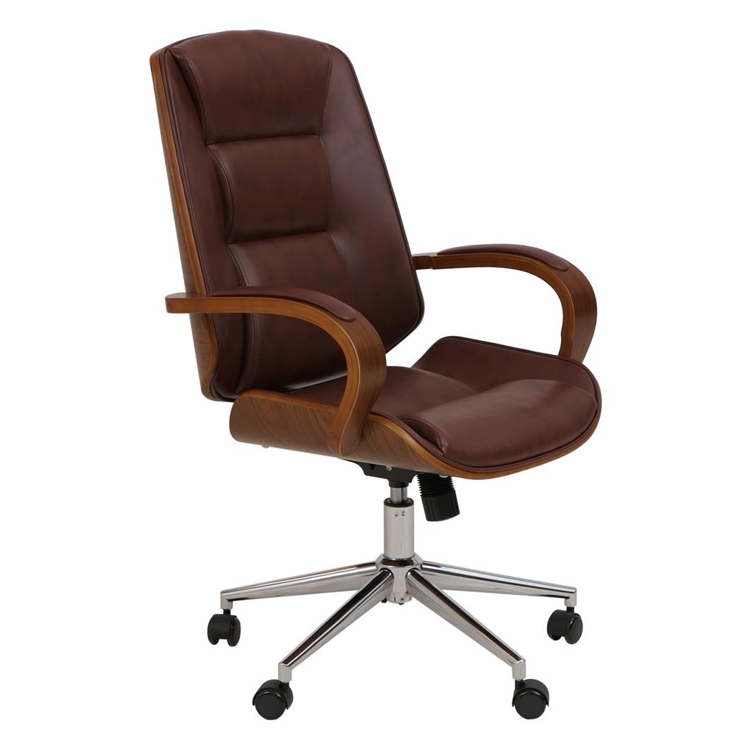 Krzesło Biurowe CLARIN, Obfita Wyściółka, Elegancki Design, Okleina kolor Orzech i Skóra, kolor Brązowy