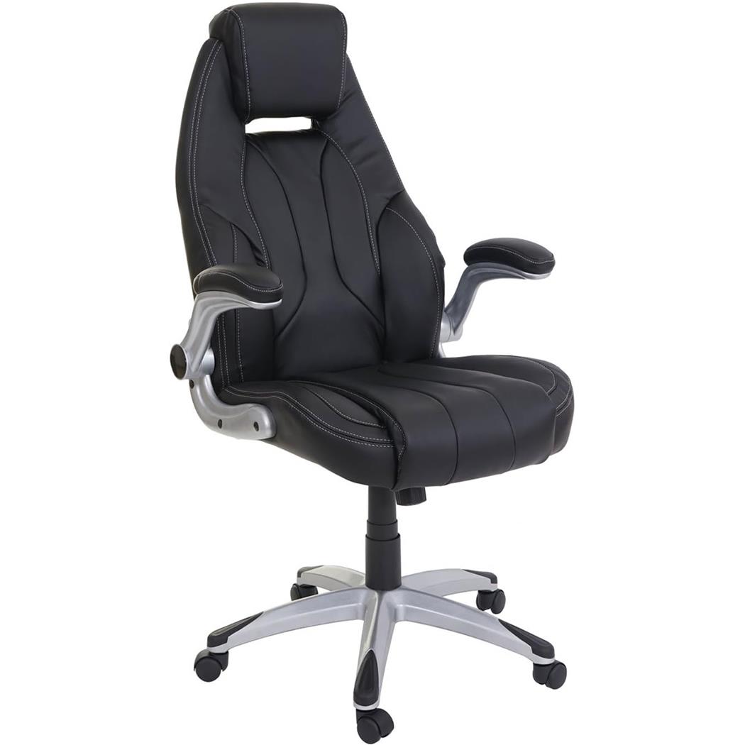 Fotel Biurowy BOBI, Komfortowa Wyściółka, Składane Podłokietniki, Skórzana Tapicerka, Czarny