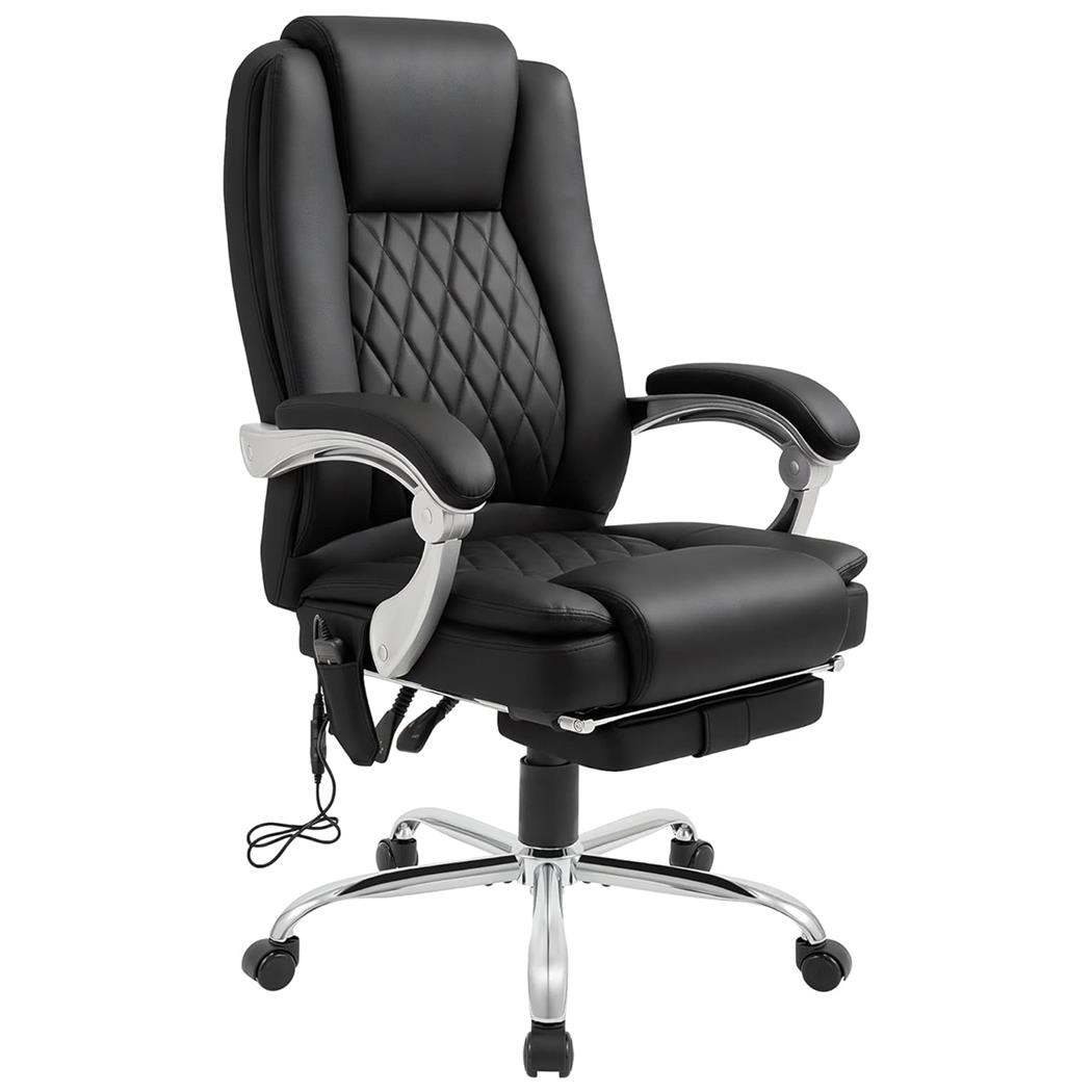 Fotel Biurowy CABUYA, Wysuwany Podnóżek, Funkcja Masażu, Skóra kolor Czarny