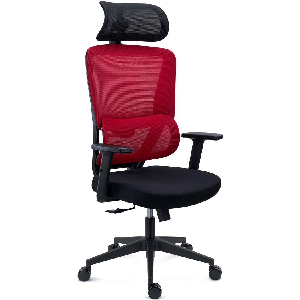 DEMO# Fotel Biurowy Ergonomiczny SUPRA, Zagłówek, Adaptacyjne Podparcie Lędźwiowe, 8 h Pracy, Tkanina i Siatka, Czerwony