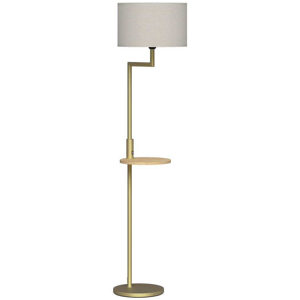 Lampa Biurowa LUMOS, Nowoczesna Lampa Stojąca z Półeczką, Klosz z Tkaniny, Port USB, kolor Złoty