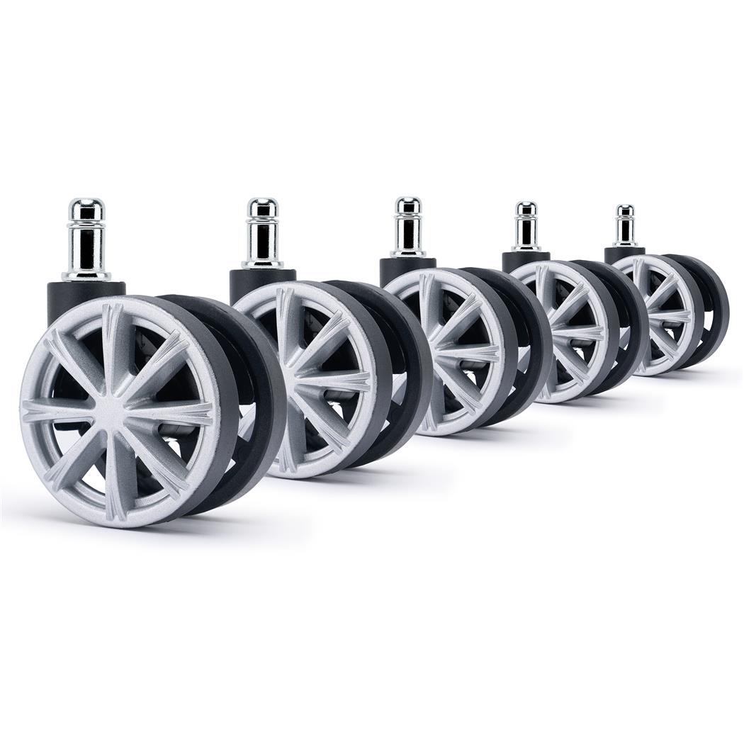 Zestaw 5 szt. Kółka Plastikowe H4 do Wykładzin 11 mm / 60 mm, Sportowy Design, Szprychy kolor Szary
