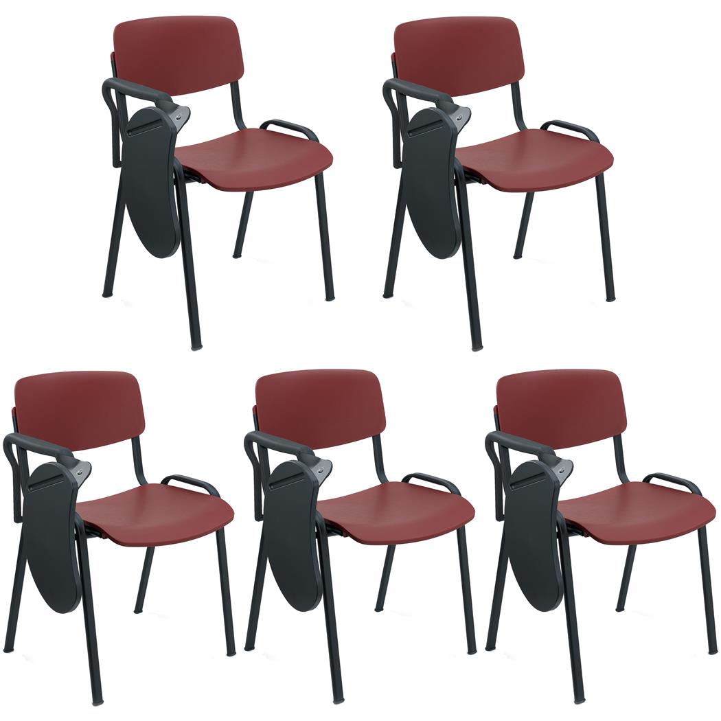 Zestaw 5 szt. Krzesła Konferencyjne MILKA Z PULPITEM, Ładne i Wszechstronne, Sztaplowane, Kolor Bordowy i Czarne Nogi
