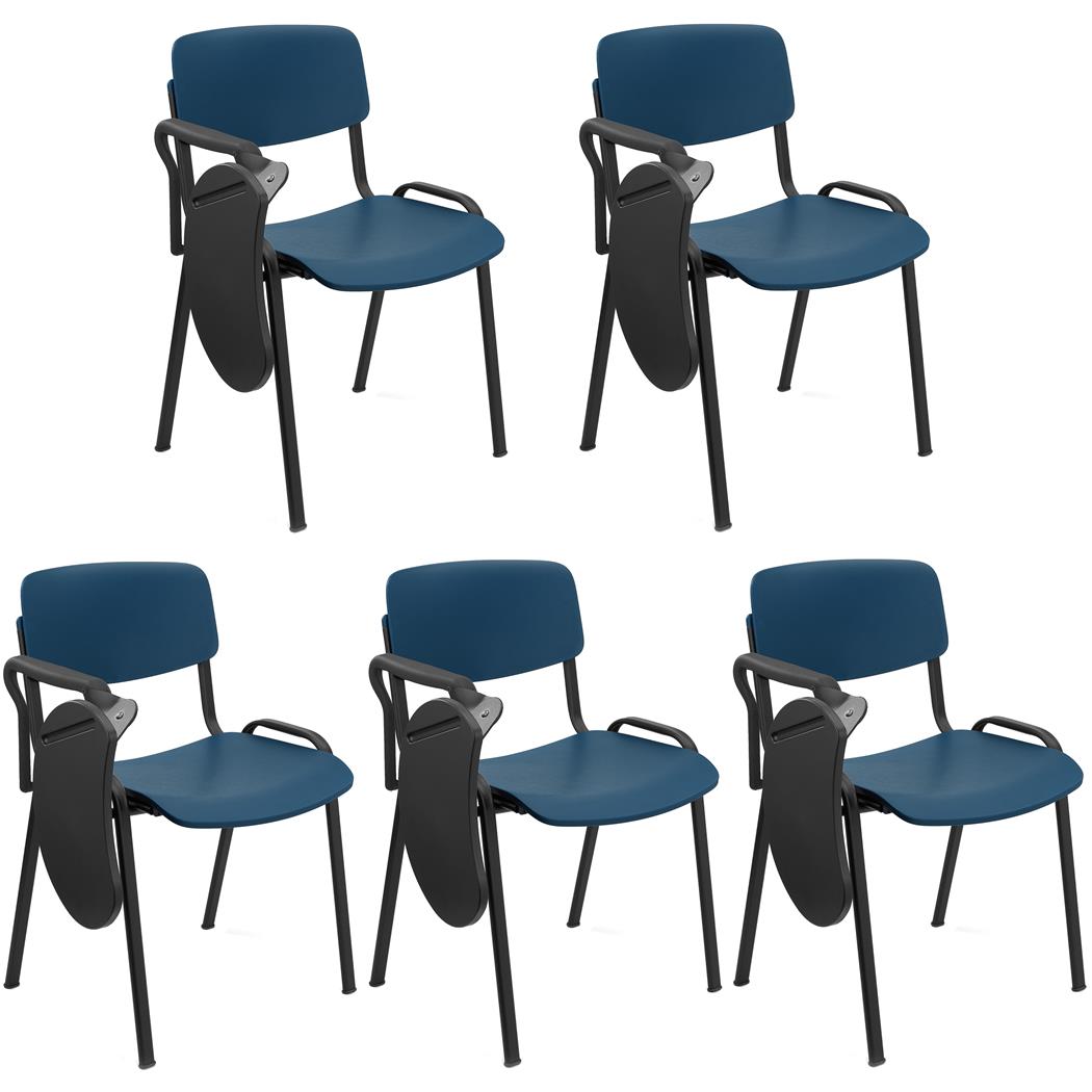 Zestaw 5 szt. Krzesła Konferencyjne MILKA Z PULPITEM, Ładne i Wszechstronne, Sztaplowane, Kolor Niebieski i Czarne Nogi