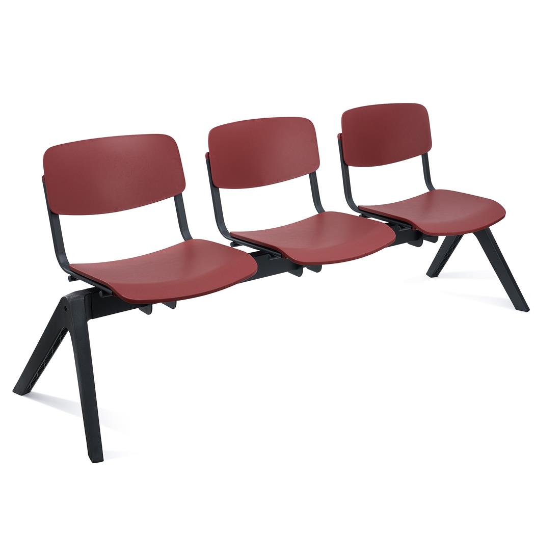 Ławka 3-osobowa MILKA, Idealna do Poczekalni, Czarny Plastikowy Stelaż, Bordowe Siedziska