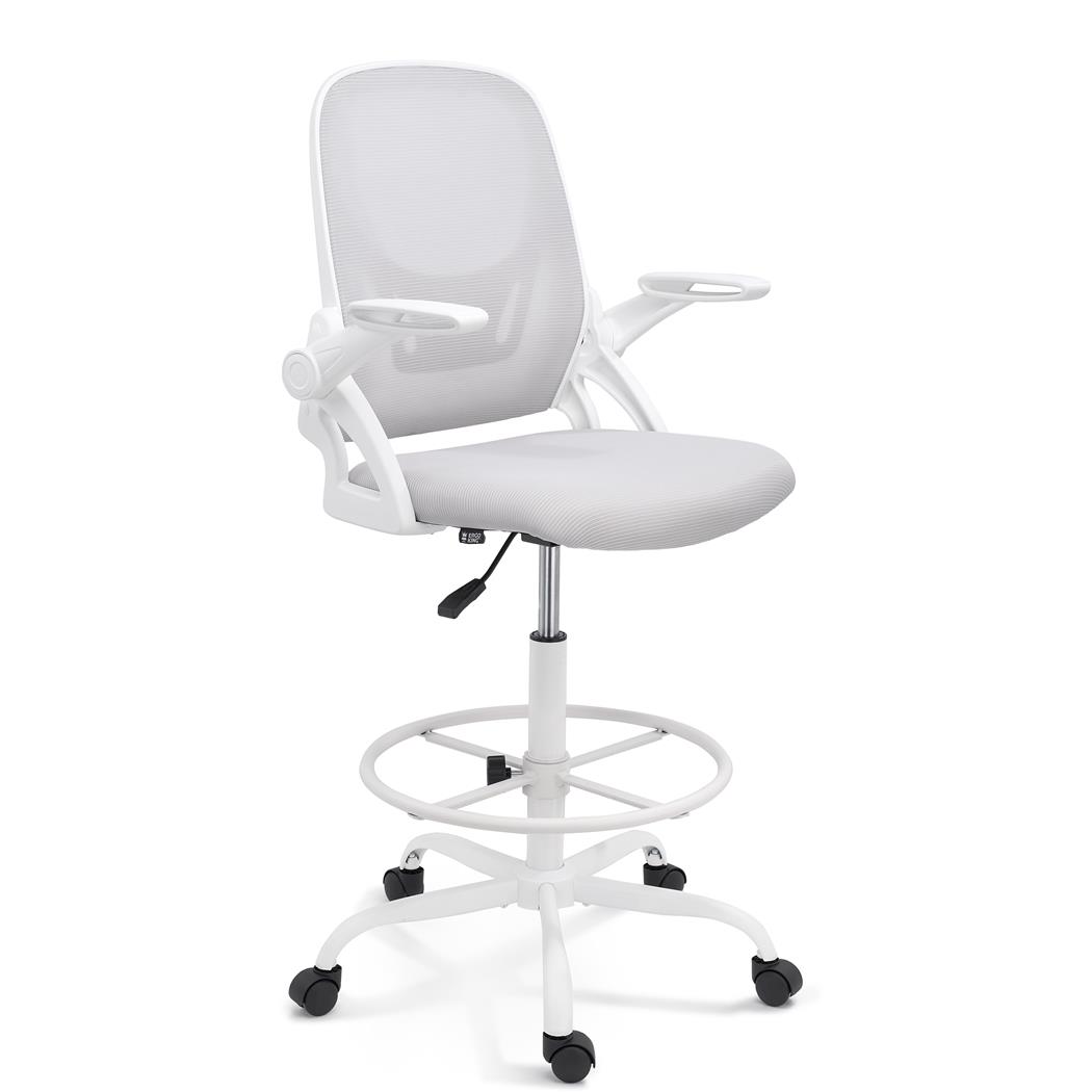 Taboret Roboczy GEAR, Składane Podłokietniki, Regulowany Podnóżek, Biały Stelaż, Szara Tapicerka