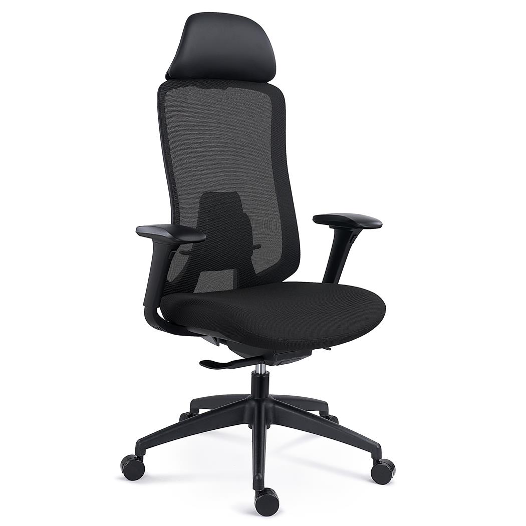 Fotel Ergonomiczny FENIX, z Zagłówkiem, Regulowane Podparcie Lędźwiowe, Tkanina Trudnopalna, kolor Czarny