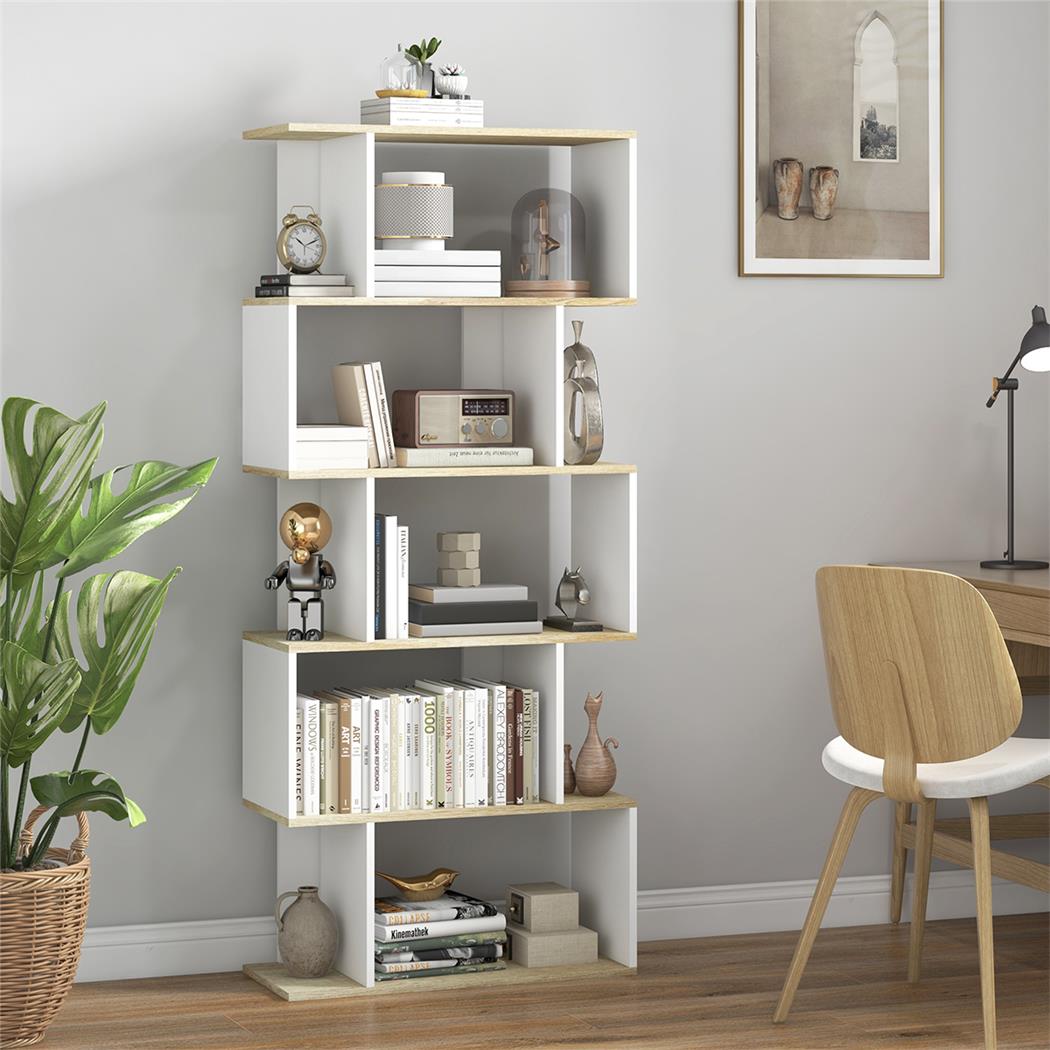 Regał BLIN, Oryginalny Design w Stylu Scandi, Wymiary 70x29,5x163 cm, kolor Biały i Dąb