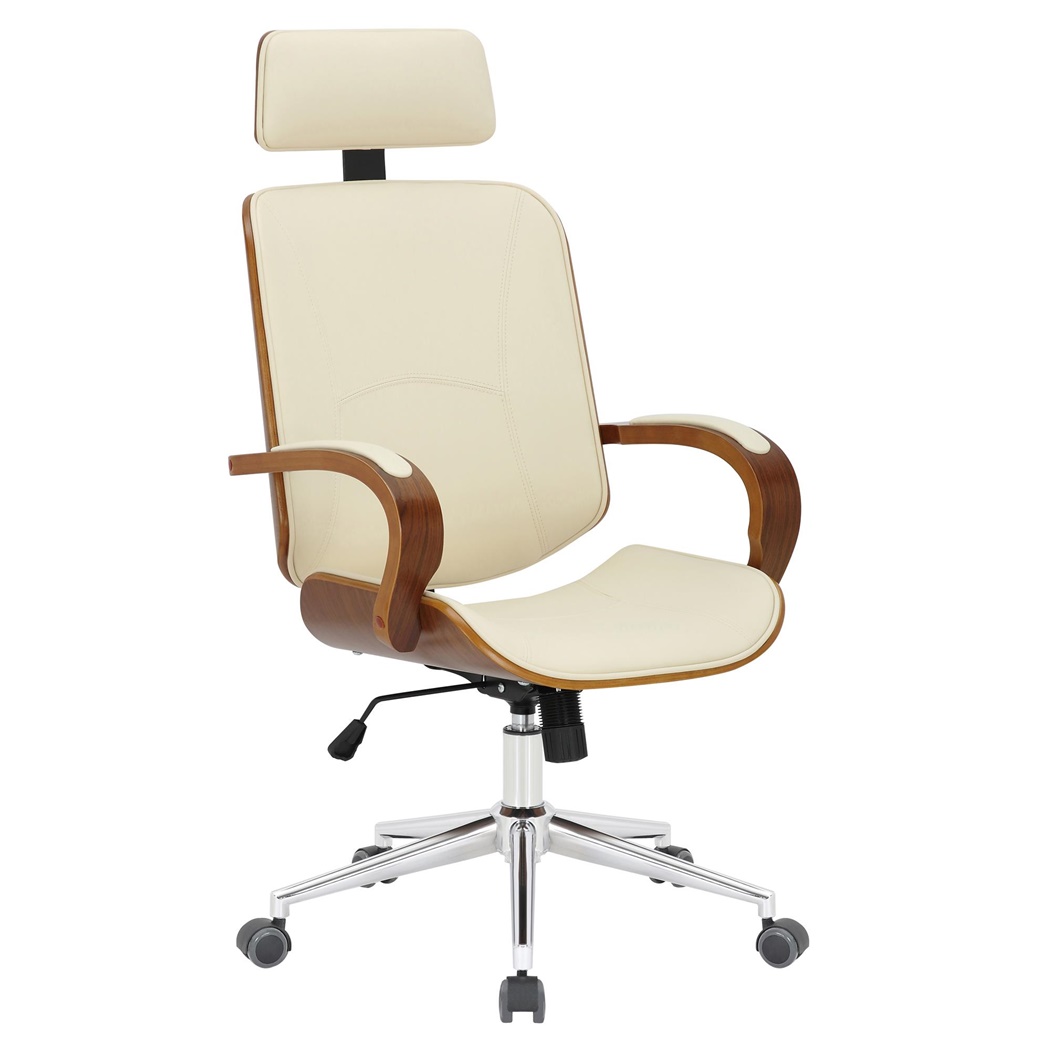 Krzesło Biurowe JUTTA, Miękka Tapicerka, Elegancki Design, Drewno i Skóra, kolor Kremowy