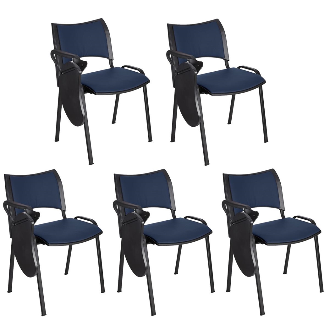 Zestaw 5 szt. Krzesło Konferencyjne ROMEL Z PULPITEM SKÓRA, Sztaplowane, Czarne Nogi, Niebieskie