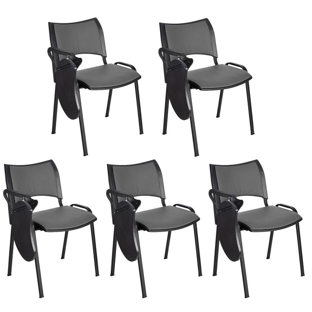 Zestaw 5 szt. Krzesło Konferencyjne ROMEL Z PULPITEM SKÓRA, Sztaplowane, Czarne Nogi, Szare