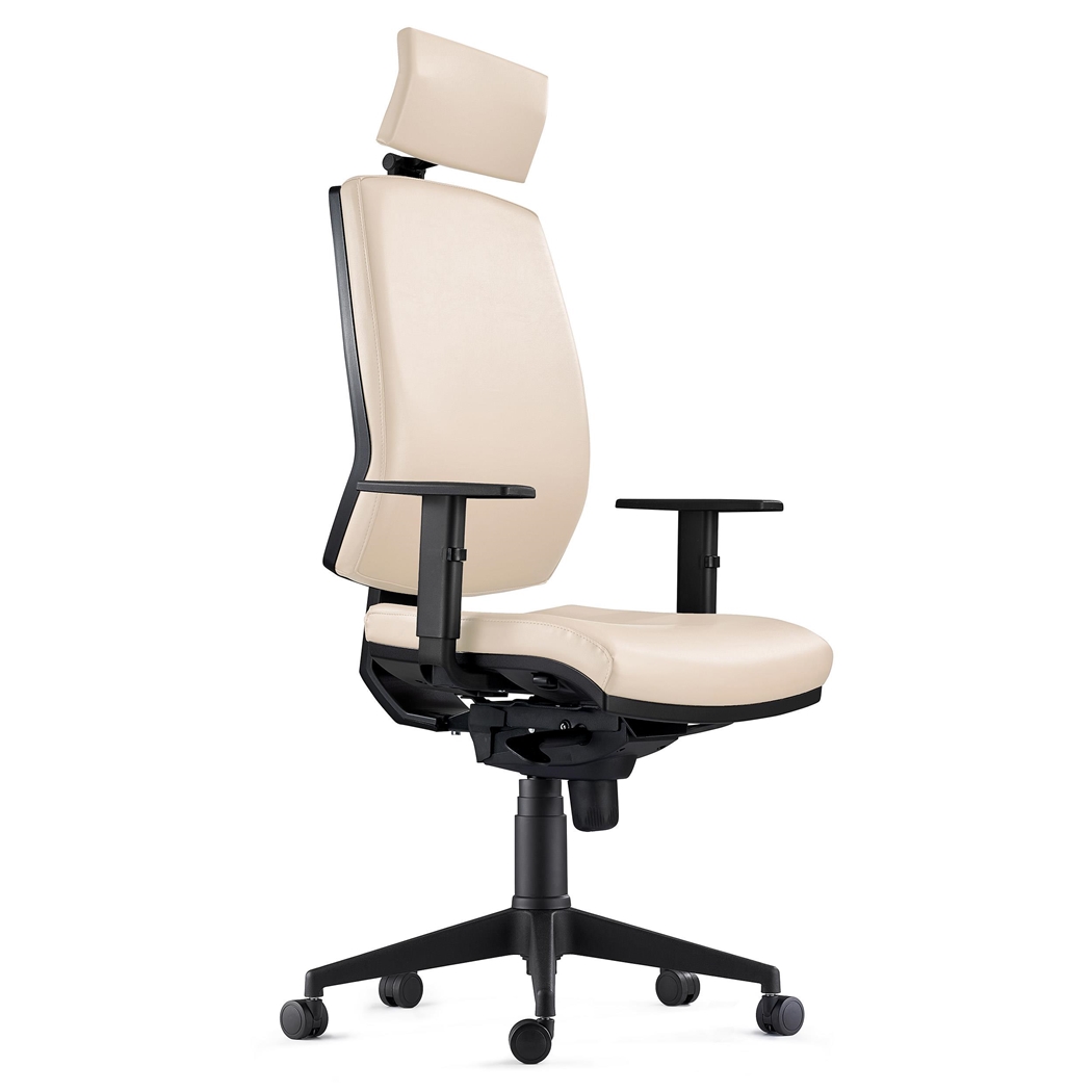 Fotel Ergonomiczny OLIVER, Kremowa Skóra, Zagłówek, 8 Godzin Pracy, Gruba Tapicerka