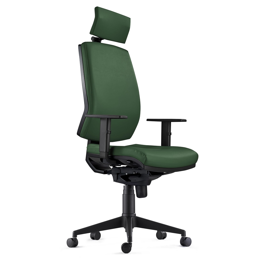 Fotel Ergonomiczny OLIVER, Zielona Skóra, Zagłówek, 8 Godzin Pracy, Gruba Tapicerka
