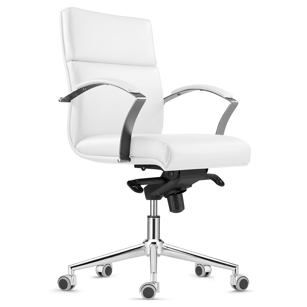 Fotel Biurowy Ergonomiczny RABAT, Średnie Oparcie, Biała Skóra Naturalna, Funkcja Bujania