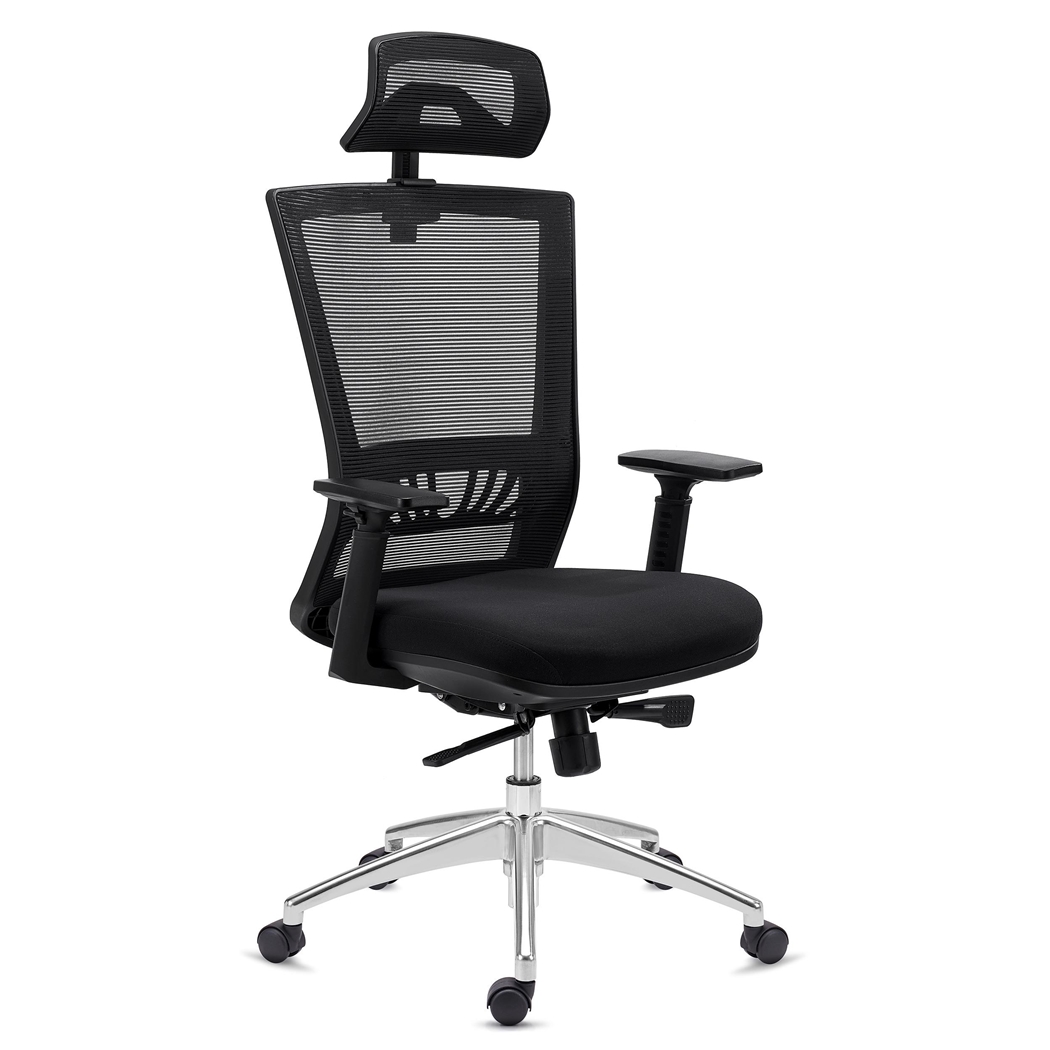 Fotel Ergonomiczny MAGNUM ELITE, Zagłówek, 8h pracy, Aluminiowa Podstawa, Podparcie lędźwiowe, Czarny
