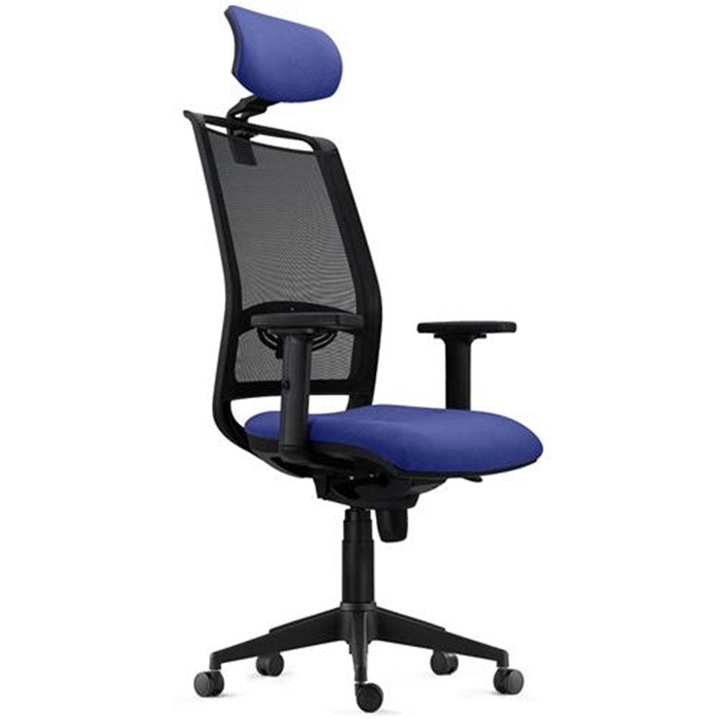 Fotel Ergonomiczny NEPTUNO, Zagłówek, Podparcie Lędźwiowe, 8h Pracy, Czarna Siatka i Granatowa Tkanina
