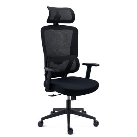 Fotel Biurowy Ergonomiczny SUPRA, Zagłówek, Adaptacyjne Podparcie Lędźwiowe, 8 h Pracy, Tkanina i Siatka, Czarny