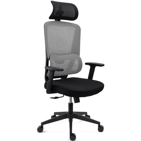 Fotel Biurowy Ergonomiczny SUPRA, Zagłówek, Adaptacyjne Podparcie Lędźwiowe, 8 h Pracy, Tkanina i Siatka, Szary