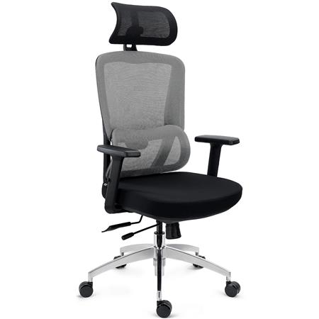 Fotel Biurowy Ergonomiczny SUPRA MAX, Zaawansowane Regulacje, 8 h Pracy, Tkanina i Oddychająca Siatka, Szary