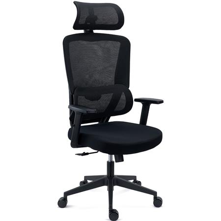 DEMO# Fotel Biurowy Ergonomiczny SUPRA, Zagłówek, Adaptacyjne Podparcie Lędźwiowe, 8 h Pracy, Tkanina i Siatka, Czarny
