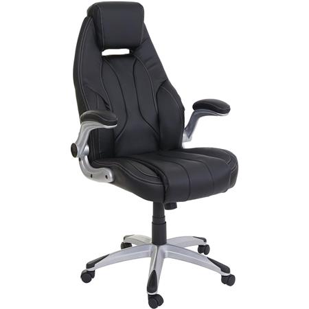 Fotel Biurowy BOBI, Komfortowa Wyściółka, Składane Podłokietniki, Skórzana Tapicerka, Czarny