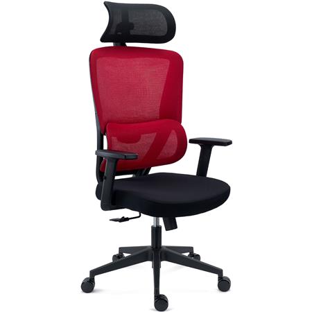 DEMO# Fotel Biurowy Ergonomiczny SUPRA, Zagłówek, Adaptacyjne Podparcie Lędźwiowe, 8 h Pracy, Tkanina i Siatka, Czerwony