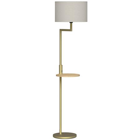Lampa Biurowa LUMOS, Nowoczesna Lampa Stojąca z Półeczką, Klosz z Tkaniny, Port USB, kolor Złoty