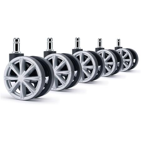 Zestaw 5 szt. Kółka Plastikowe H4 do Wykładzin 11 mm / 60 mm, Sportowy Design, Szprychy kolor Szary
