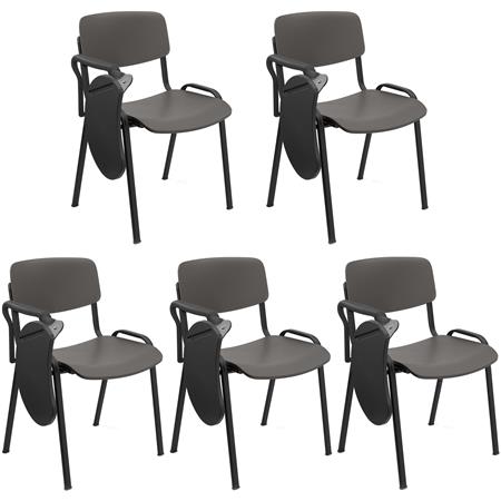 Zestaw 5 szt. Krzesła Konferencyjne MILKA Z PULPITEM, Ładne i Wszechstronne, Sztaplowane, Kolor Szary i Czarne Nogi