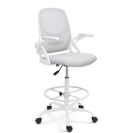 Taboret Roboczy GEAR, Składane Podłokietniki, Regulowany Podnóżek, Biały Stelaż, Szara Tapicerka
