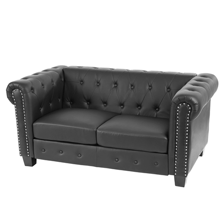 Sofa 2-osobowa CHESTER, Klasyczny i Elegancki Design, Skóra, Kwadratowe Nóżki, Kolor Czarny