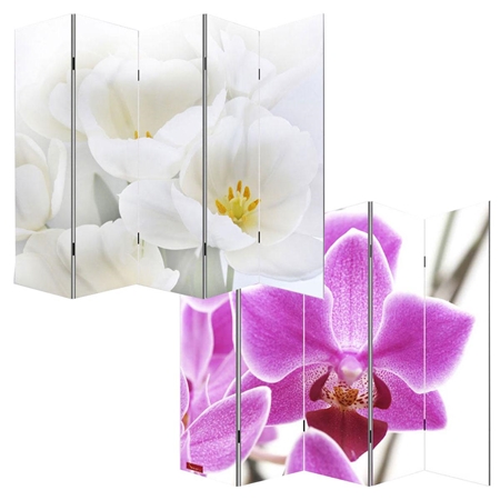 Parawan 5 paneli VINTAGE ORCHIDEA, 180x200x2,5 cm, Drewniany Stelaż