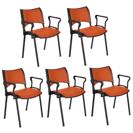 Zestaw 5 szt. Krzesło Konferencyjne ROMEL Z PODŁOKIETNIKAMI SKÓRA, Sztaplowane, Czarne Nogi, Pomarańczowe