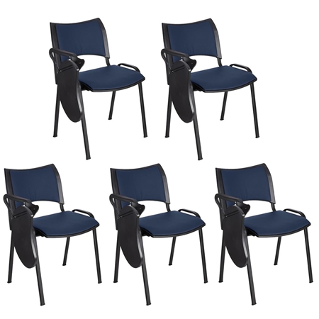 Zestaw 5 szt. Krzesło Konferencyjne ROMEL Z PULPITEM SKÓRA, Sztaplowane, Czarne Nogi, Niebieskie