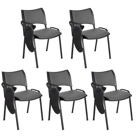 Zestaw 5 szt. Krzesło Konferencyjne ROMEL Z PULPITEM SKÓRA, Sztaplowane, Czarne Nogi, Szare