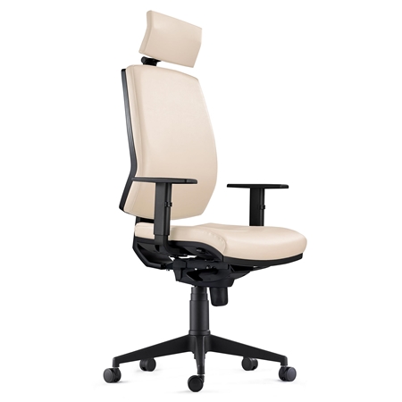 Fotel Ergonomiczny OLIVER, Kremowa Skóra, Zagłówek, 8 Godzin Pracy, Gruba Tapicerka