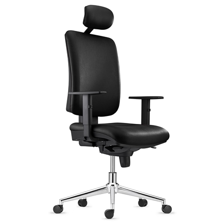 Fotel Biurowy Ergonomiczny PIERO, Metalowa Podstawa, Skórzane kolor Czarny, Zagłówek i Regulowane Podłokietniki