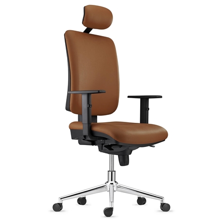 Fotel Biurowy Ergonomiczny PIERO, Metalowa Podstawa, Skóra Naturalna Brązowa, Zagłówek i Regulowane Podłokietniki