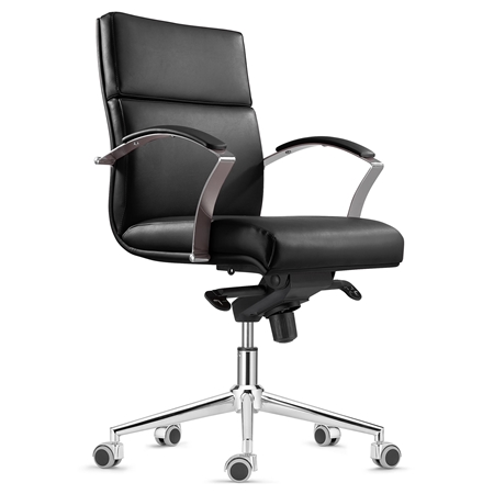 Fotel Biurowy Ergonomiczny RABAT, Średnie Oparcie, Czarna Skóra Naturalna, Funkcja Bujania