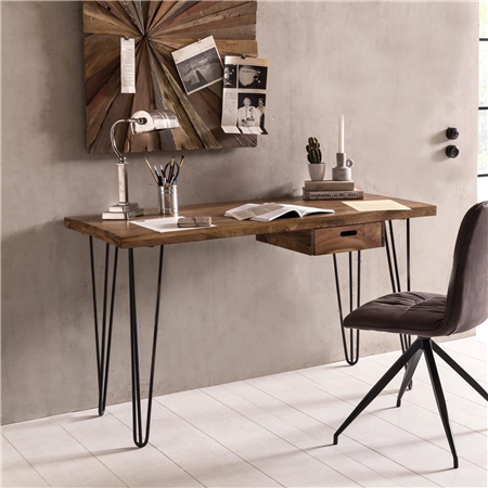 Biurko GAMBIA, 130x60x76cm, Styl Industrialny, z Szufladą, Lite Drewno i Metal