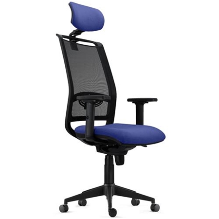 Fotel Ergonomiczny NEPTUNO, Zagłówek, Podparcie Lędźwiowe, 8h Pracy, Czarna Siatka i Granatowa Tkanina